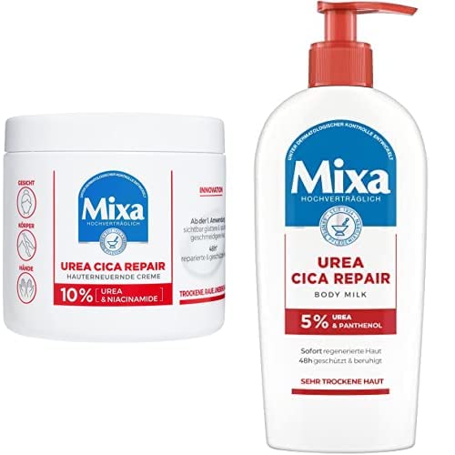 Mixa Cica Urea Set - Hauterneuernde Creme für trockene und rissige Haut, Feuchtigkeitspflege für den Körper, Hände und Gesicht, & Urea Cica Repair Body Milk, Mit Urea und Niacinamide, hochverträglich