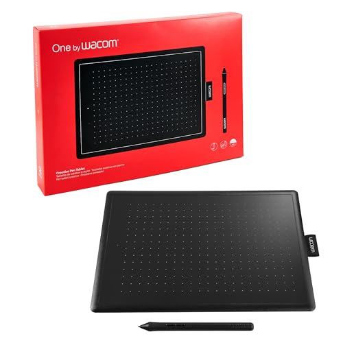 One by Wacom Stifttablett mit drucksensitivem Stift, geeignet für Windows, Mac & Chromebook, Medium, schwarz / rot