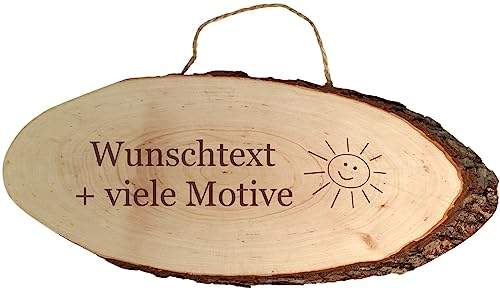 Holzschild XXL mit Gravur, Name + Motiv, Rindenbrett oval mit Kordel, Schild mit Aufhängung, Türschild, Wandschild, rustikale Baumscheibe, 40 cm