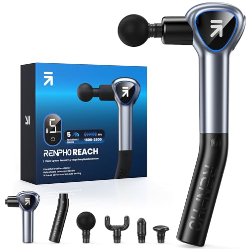 Massagepistole mit Verlängerungs Griff, RENPHO Reach Mini Massage Gun Massagegerät, Muskel Massagepistole mit Berührbarem LED Bildschirm für Heimtraining, Muskel Massage und Entspannung, Geschenk,Grau