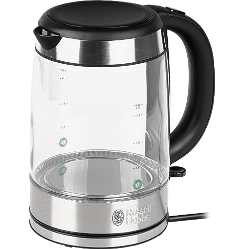 Russell Hobbs Wasserkocher Glas [1,7l, 2200W] Edelstahl (blaue LED Beleuchtung, 1-Tassen-Option, herausnehmbarer Kalkfilter, Wasserstandsanzeige mit Füllmengenmarkierung) Teekocher 21600-57