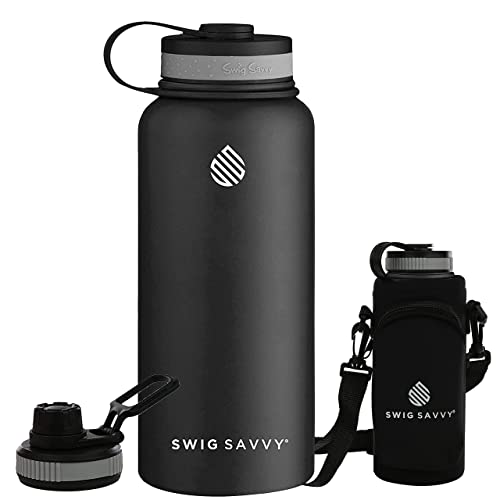 Edelstahl-Wasserflasche – vakuumisoliertes und weites Mund-Design – wiederverwendbare, schweißfeste Thermosflasche für heiße und kalte Getränke mit Deckelverschluss und Tragetasche – 900 ml | Schwarz