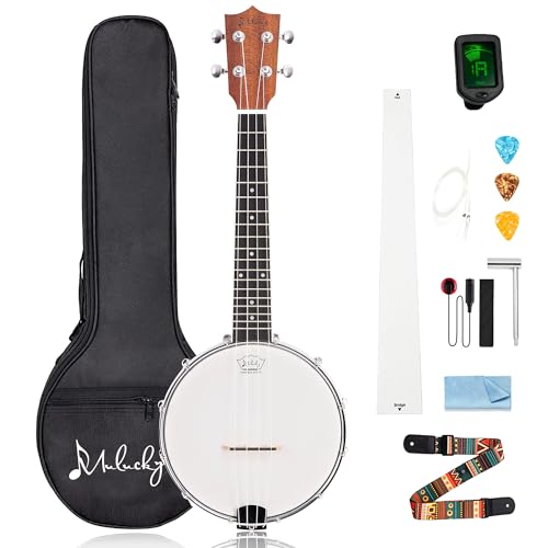Mulucky Banjolele, 4 Saiten, Banjo-Ukulele, Konzert-Größe, 58,9 cm, geschlossener Massivholzrücken, Anfänger-Set mit Halsstab, Gigbag, Stimmgerät, Saitengurt, Plektren - BU806