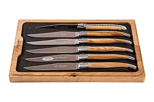 Laguiole en Aubrac Steakmesser, Set mit 6 Stück, Griff aus Olivenholz, Original aus Frankreich, mit Echtheitszertifikat und schöner Aufbewahrungsbox aus Holz | Holz-Leute