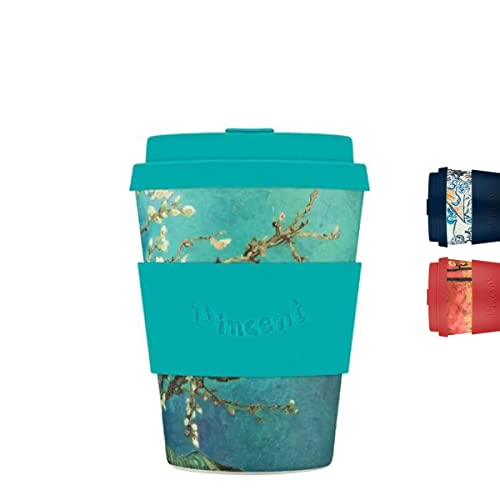 12oz 350ml Ecoffee Cup Van Gogh Wiederverwendbare umweltfreundliche 100% pflanzliche Kaffeetasse mit Silikondeckel und Hülle - Melaminfreie und biologisch abbaubare Reisetasse, Almond Blossom