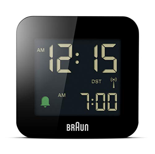 Braun Digitaler Reisewecker Mitteleuropäische Zeitzone (MEZ) mit Schlummerfunktion, kompakte Größe,Negatives LC-Display, Schnelleinstellfunktion,Crescendo-Alarm in Schwarz,Modell BC08B-DCF