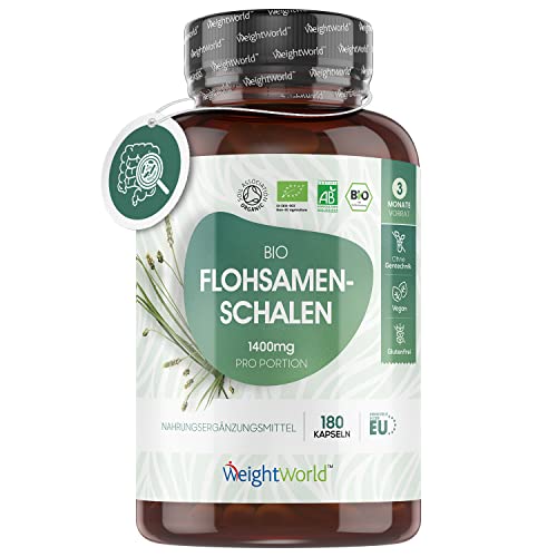 Bio Flohsamenschalen 1400mg - 180 vegane Kapseln - 3 Monatsvorrat - probiotischer Ballaststoff - Flohsamen aus der Plantago ovata Pflanze - Soil Association zertifiziert - 700mg/Kapseln - WeightWorld