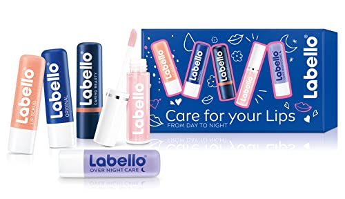 Labello Geschenkset, feuchtigkeitsspendendes Lippenpflege Set mit verwöhnenden Pflegeprodukten, Pflegeset für die Lippen mit Lippenpflegestift, Lip-Gloss und mehr