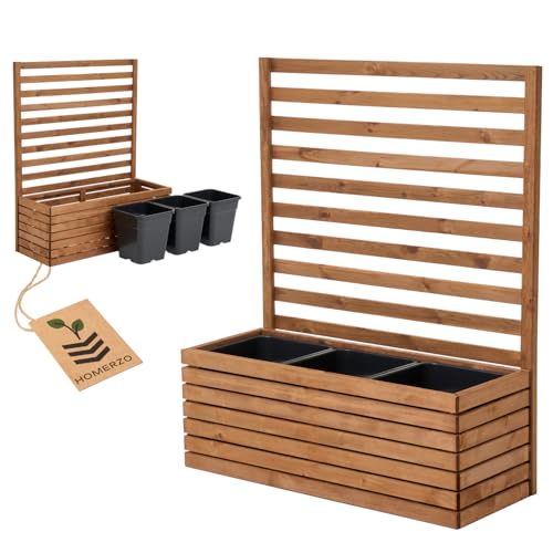 Pflanzkübel mit Rankgitter Spalier mit Pflanzkasten Blumenkasten aus Holz für Garten Balkon Terrasse Hochbeet mit 18L Kunststoff-Pflanzeneinsatz (horizontal-braun, 98x36x35 H115)