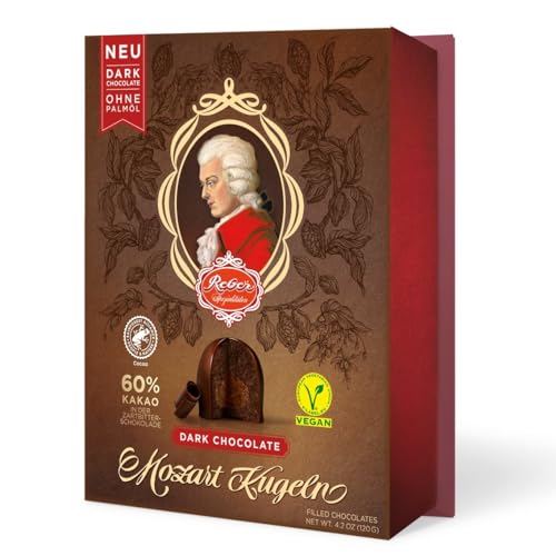 Reber, Mozart-Kugeln Dark Chocolate, 6er Packung, Mozart-Kugeln aus Doppelte Schicht Zartbitter-Schokolade, Gefüllt mit Pistazien-Marzipan, Mandeln und Haselnuss-Nougat, 120g (6 Mozart-Kugeln)