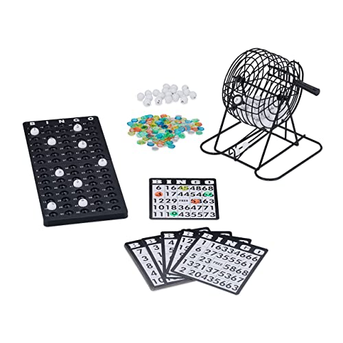 Relaxdays Bingo Spiel, mit Lostrommel, 75 Kugeln, 18 Karten, 150 Chips, Spielbrett, Kinder & Erwachsene, Tombola, bunt