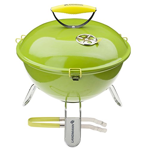 LANDMANN Piccolino Holzkohle-Kugelgrill inkl. Grillzange | Mit Temperaturanzeige & Lüftungsscheibe im Deckel | Feuerschale & Deckel sind pulverbeschichtet | Verchromter Grillrost Ø 34 cm [Grün]