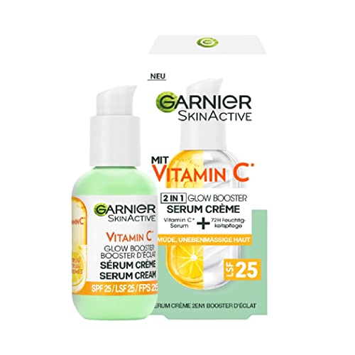 Garnier Serum Creme, Tagespflege mit 20% Vitamin C Serum, LSF25, gegen müde Haut und dunkle Flecken, leichte Textur, nicht fettend, Tagescreme für einen frischen Glow und ebenmäßigen Teint, 50ml