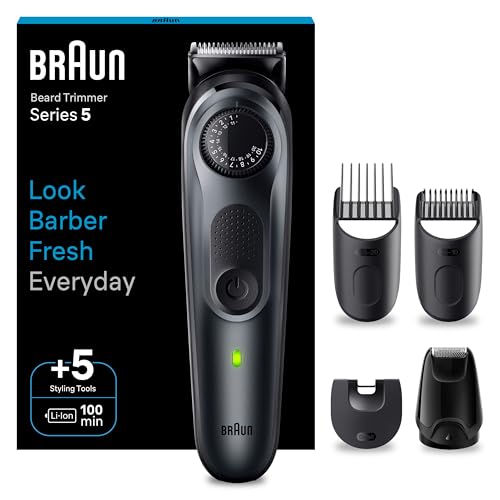 Braun Barttrimmer Series 5, Bartschneider und Trimmer für Herren, mit ultrascharfer Klinge, 40 Längeneinstellungen, Tasche, 100 Min. kabellose Laufzeit, BT5420