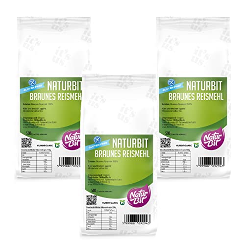 Braunes Reismehl glutenfrei 3 x 500 g Sparpaket | 1500 g dunkles Vollkornreismehl zum Backen und Panieren, als Bindemittel und für Teig | glutenfreie Alternative | brown rice flour