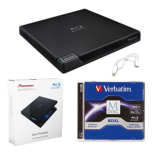 Systor Pioneer BDR-XD07B Tragbares externes 6-Fach Blu-ray-Brenner-Bundle mit 100 GB M-DISC BDXL und USB-Kabel - Brennt CD DVD BD DL BDXL-Discs