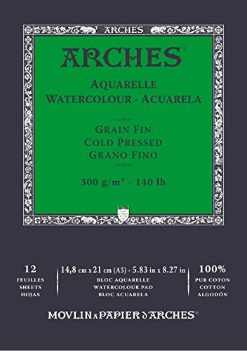 ARCHES A1795090 Block Enc 14,8 x 21 12H Aquarelle 100% fein 300 g Blanc Nat, Naturweiß