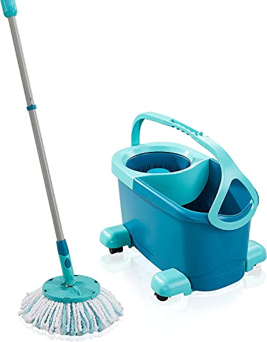 Leifheit Set Clean Twist Disc Mop Ergo 2.0 mit Rollwagen, Bodenwischer mit Mikrofaser Bezug für nebelfeuchte Reinigung auf Fliesen und Laminat, Wischmopp mit Click-System und Schleudertechnologie