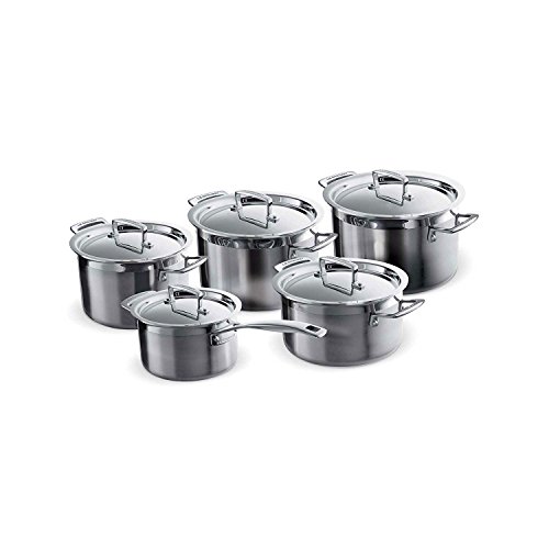 Le Creuset 5-teiliges Topfset aus 3-ply Edelstahl mit passenden Deckeln, Für alle Herdarten inkl. Induktion geeignet, Silber