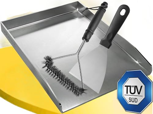 valuents® Grillplatte - Plancha Grill Platte aus dickem & rostfreiem Edelstahl – 40 x 30 cm – für BBQ Gasgrill & Kohlegrill geeignet +PLUS: Bürste & Grillspachtel