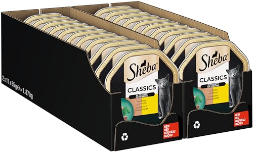 Sheba Classics in Pastete – Katzenfutter als Pasteten mit feinen Stückchen – Ente und Huhn – Getreidefrei – 22 x 85g