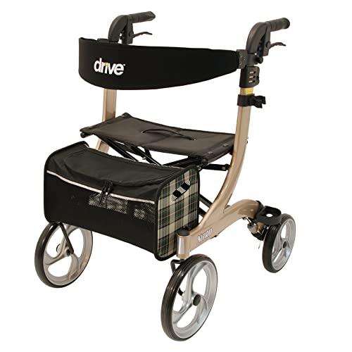 Drive Medical Rollator NITRO in Größe L & Farbe Champagner I für Indoor & Outdoor mit Gepäcknetz, Stockhalter & Ankipphilfe I Gepolsterte Rückenlehne, ergonomische Griffe & kein Montageaufwand
