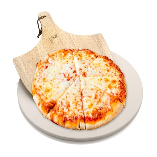 Pizzastein Hans Grill Pizza Ofenstein mit Holz Pizza Peel Brett | Langlebig, dick & echt Holz, kreisförmig, leicht zu Handhaben | Backen, Grillen und Servieren Für Torten, Gebäck, Kuchen, Brot, Pizza