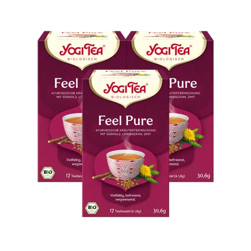 Yogi Tea 3x Feel Pure Bio Yogi Tee I ayurvedischer Detox-Tee Mischung I Bio-Qualität - 3x 17 Tee-Beutel I Organic Herbal Tea 3 Päckchen
