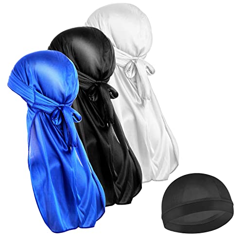Sibba 4 Stück Seidige Durag Lange Turban Kopfbedeckungen Elastisch weich Atmungsaktiv Gewellt für Männer und Frauen Laufen Fitness, Radfahren Wandern Camping, Schwarz/Blau/Weiß