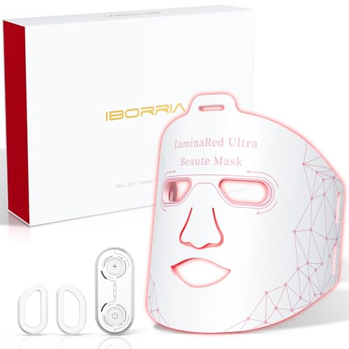 IBORRIA LuminaRed Ultra LED Rotlicht Maske Gesicht, Rotlichttherapie Gesicht mit Nahinfrarotlicht, LED Gesichts Lichttherapie Maske für zu Hause, Led Gesichtsmaske mit Mehrschichtige Pflege(Weiß)