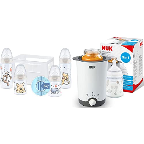 NUK First Choice+ Babyflaschen Starter Set | 0–6 Monate | 4 Flaschen mit Temperature Control Anzeige & Flaschenbox | Anti-KoliK-Ventil | 5 Stück & Thermo 3 in 1 Flaschenwärmer