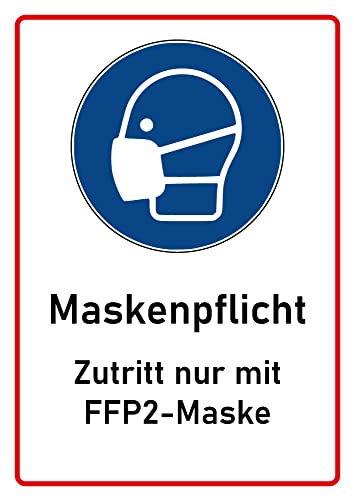Schild FFP2 Maskenpflicht Hinweisschild in A4 als wiederablösbarer Aufkleber, geeignet für alle ebenen und glatten Untergründe. Professionelles FFP2 Mundschutz Schild als Hinweisschild