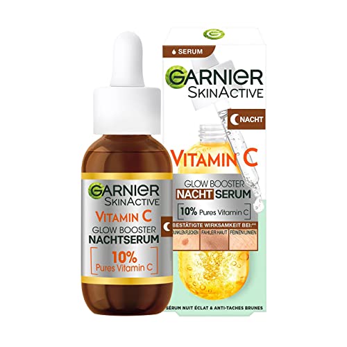 Garnier Nachtserum mit Vitamin C, Gegen dunkle Flecken und müde Haut, Vegane Formel mit 10% Vitamin C natürlichen Ursprungs, Brightening Night Serum