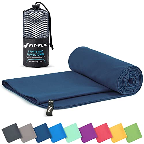 Fit-Flip Mikrofaser Handtuch - kompakte Microfaser Handtücher - ideal als Sporthandtuch, Reisehandtuch, Strandtuch - schnelltrocknend und leicht - Badetuch groß (50x100cm, Marineblau)