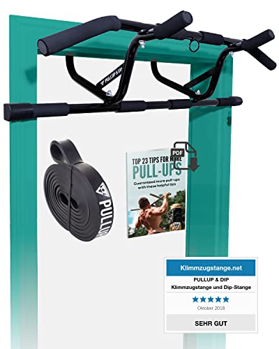 PULLUP & DIP Klimmzugstange für Türrahmen zum Einhängen ohne Schrauben und kein Abrutschen, Profi Türreck, Pull-up Bar mit gepolsterten Griffen inkl. Klimmzug Band + eBook