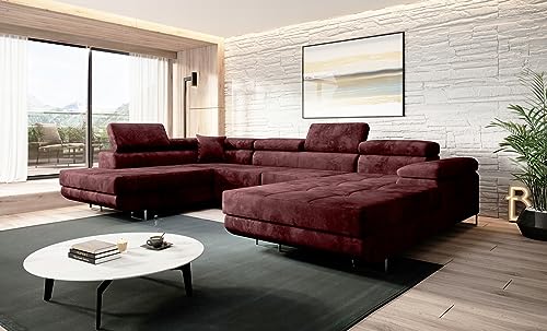 Easy4You Kastanienbraun Ecksofa Varberg Velours in U-Form 345 x 72 x 205 cm mit Schlaffunktion und Bettzeugbehälter - Schlafsofa mit Bettkasten - Eckcouch mit Stauraum - Stoff: Monolith 69