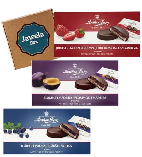 Anthon Berg Mix Set 3x 192,5g - Erdbeere in Champagner - Pflaume in Madeira - Blaubeere in Wodka - Jawela Probierset Geschenkset - Frucht in Marzipan Praline