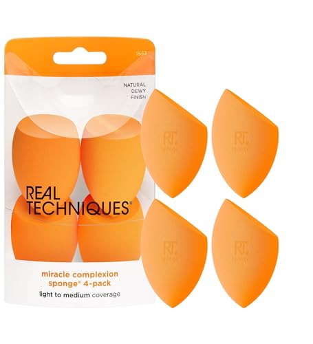 Real Techniques Miracle Complexion Schwamm, Make-up-Mixer für flüssige und cremige Foundation, volle Abdeckung, streifenfreies professionelles Make-up-Werkzeug, tierversuchsfrei, vegan, latexfrei, 4