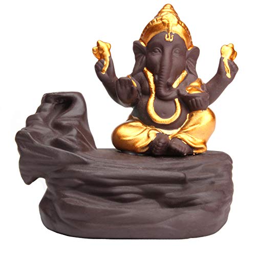 Keramik Rückfluss Räucherstäbchen-halter - Gold Ganesha Hindu Gott - Backflow Räucherkegel - Edles Design - Handarbeit (11x12x9 cm)