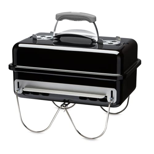 Weber Go-Anywhere Holzkohle Grill, 42 x 26cm Grillfläche, leichter tragbarer BBQ Grill, Tisch-Campinggrill, porzellanemaillierte Schale & Deckel, umklappbare Standfüße - Schwarz (1131004)