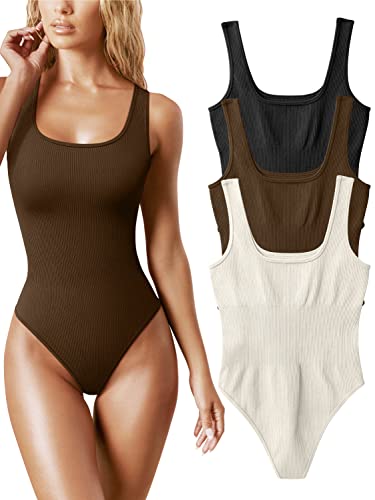 OQQ Damen-Bodysuit, 3-teilig, sexy, gerippt, ärmellos, quadratischer Ausschnitt, ärmellos, Schwarz, Kaffee, Beige, S
