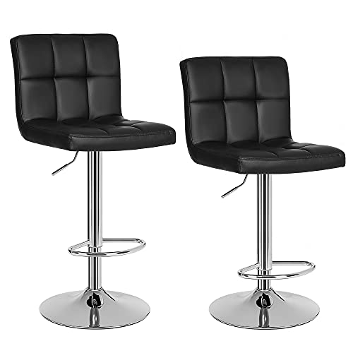 SONGMICS Barhocker 2er Set, höhenverstellbare Barstühle mit PU-Bezug, 360° Drehstuhl, Küchenstühle mit Rückenlehne und Fußstütze, Lobby, Tresen, verchromter Stahl, schwarz LJB64B