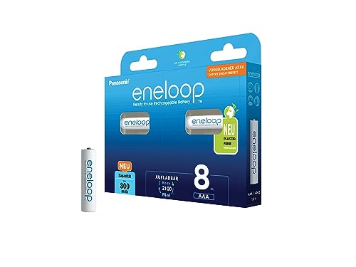 Panasonic eneloop AAA/Micro, 8er-Pack, Ready-to-Use NiMH Akkus, verbesserte Kapazität mit min. 800mAh, 2100 Ladezyklen Lebensdauer, wiederaufladbarer Akkus in plastikfreier Verpackung