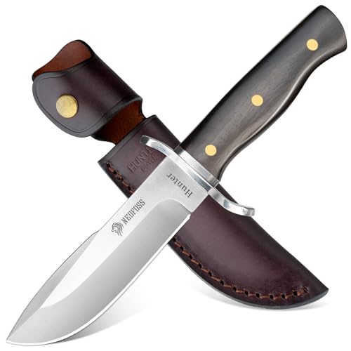 NedFoss HUNTER Jagdmesser, 11.4CM D2 Stahl Fahrtenmesser 42a konform mit Edler Holzgriff, Scharfe Outdoor Messer mit Holster, Bowiemesser in Geschenk-Box für Bushcraft, Angeln, Sammlung, Camping