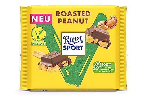 Ritter Sport Vegan Roasted Peanut 100 g, Schokolade-Kuvertüre mit knackig gerösteten & gesalzenen Erdnüssen, leckere Schokoladentafel als ideale Mischung aus süßen und salzigen Snacks