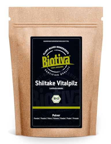 Shiitake Pulver Bio 125g - 100% Bio - Shii-Take - Lentinula edodes - Vitalpilz - vegan - ohne Zusatzstoffe - abgefüllt und zertifiziert in Deutschland - Biotiva