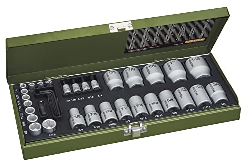 Proxxon Spezial-Steckschlüsselsatz für zöllige Schrauben (36-teilig, für 1/4' (6,3 mm) - und 1/2' (12,5 mm) Antriebe, im Stahlkasten) 23114