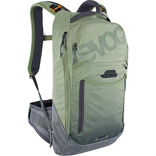 EVOC TRAIL PRO 10l Rucksack für Trailriding & Renneinsätze, Backpack (leichter Fahrradrucksack, LITESHIELD PLUS Rückenprotektor, 3l Trinkblasenfach, Größe: S/M), Olive / Carbon Grau