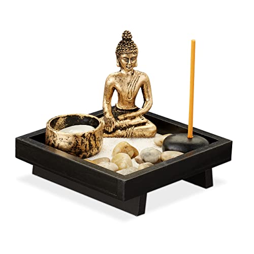 Relaxdays Zen Garten, mit Buddha, Steinen, Sand, Räucherstäbchen & Teelichthalter, Entspannung, Feng Shui Deko, schwarz, A