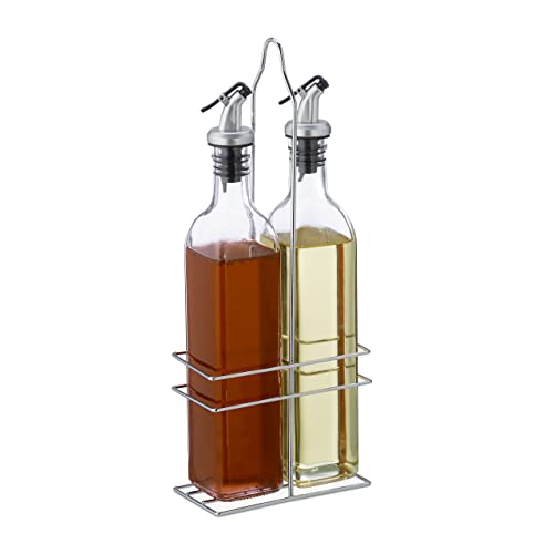 Relaxdays Essig- und Ölspender Set, 500 ml Glasflaschen, Eisen-Gestell, Ausgießer, HBT: 34 x 13,5 x 7,5 cm, transparent